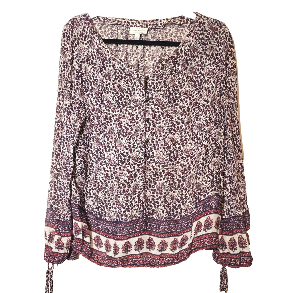 Lucky Brand Womens Small Peasant Top Bohemian Balloon Sleeve Printed Lightweight
